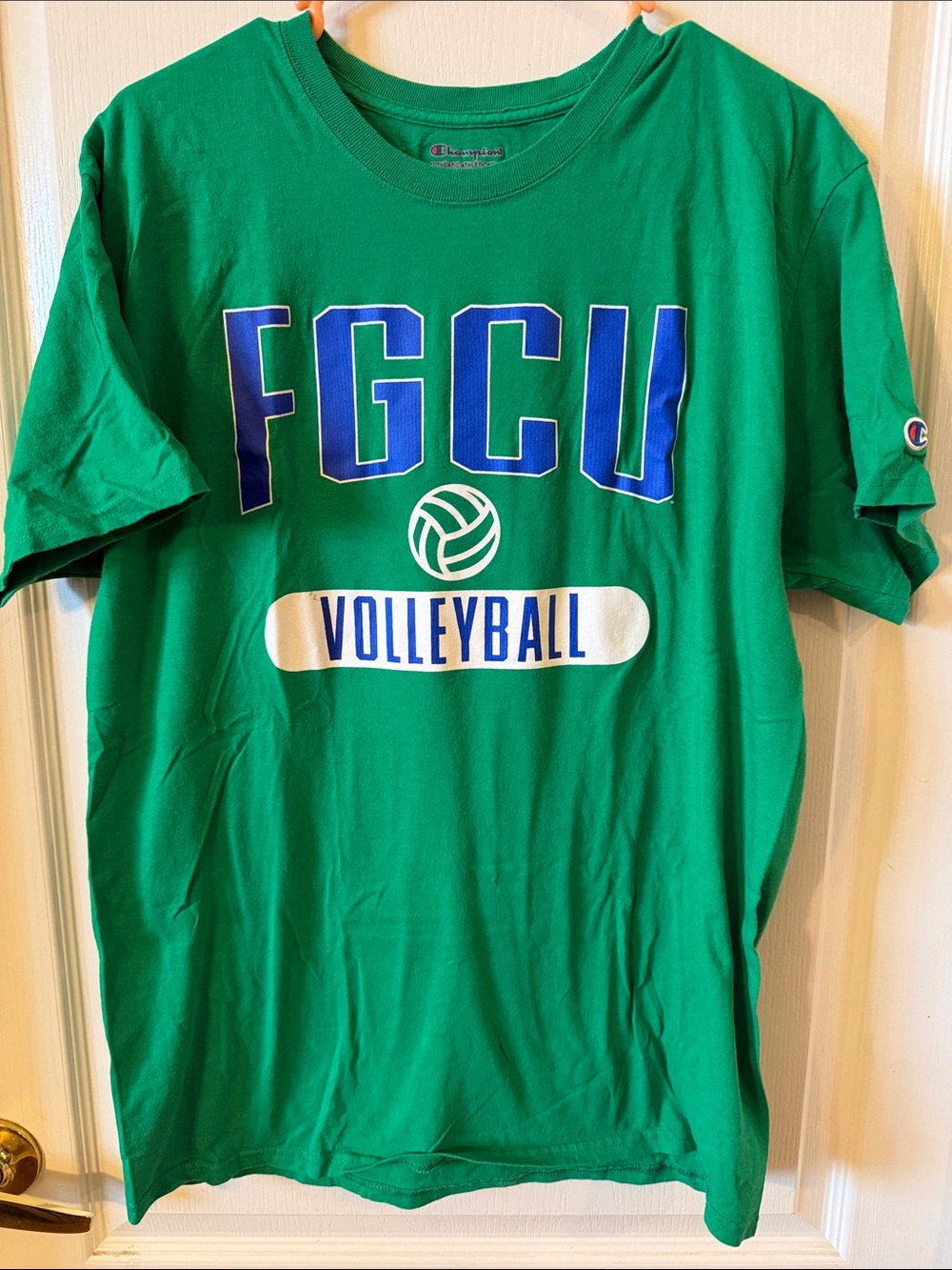 Champion Green FGCU Volleyball Graphic Tee with Blue & White Print size Large